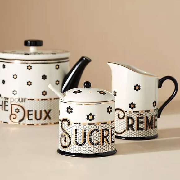 Anthropologie Bistro Tile Decaled Stoneware Sugar Bowl Pot 3 Pcs Set New - Picture 3 of 7